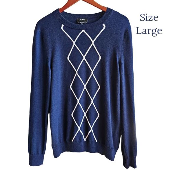 A.P.C. Stephen Navy knit argyle pullon sweater unisex size large merino wool - Picture 1 of 8
